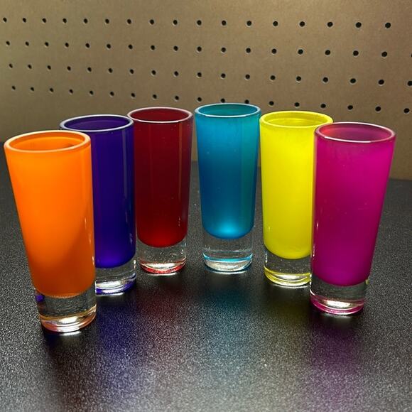 Rainbow Thick Heavy Glass Shot Glasses Tall Set of 6 with Iced Bottoms 4” Tall - Picture 1 of 3